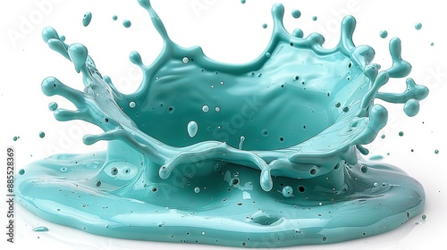  A blue liquid splashes onto a white surface, creating a splash of water at the bottom