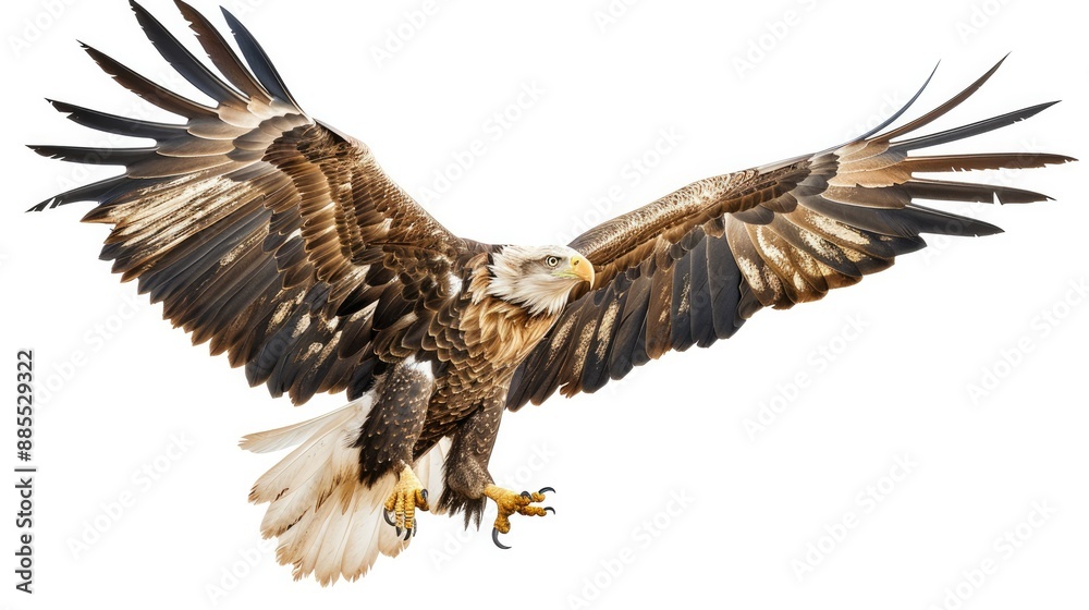 Photograph of a majestic eagle soaring through the sky, its sharp talons extended against a transparent background.