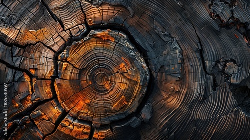 Weathered tree trunk with prominent growth rings and cracks