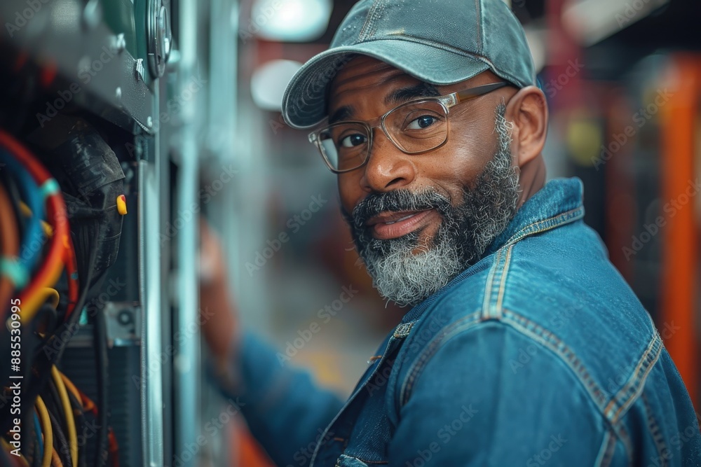 A man wearing a denim jacket and a cap is working with industrial equipment and cables, showing focus and dedication in an engineering or technical environment. A man wearing a denim jacket and a cap is working with industrial equipment and cables, showing focus and dedication in an engineering or technical environment.