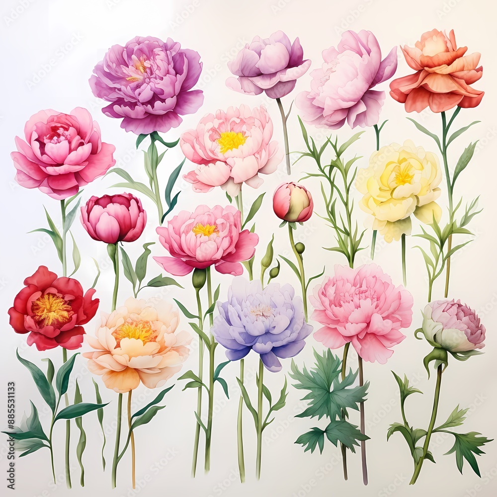 Fototapeta premium Colorful watercolor peonies ideal for wallpapers, fashion prints, gift wrapping, and branding.