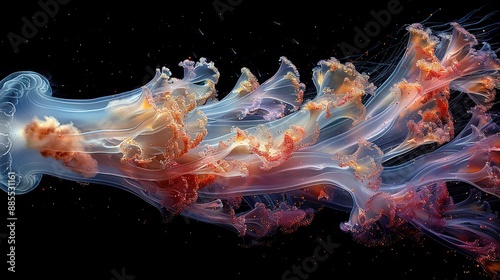  A clear picture of a jellyfish, magnified, against a dark background, with red and yellow bubble streams flowing through its tentacles