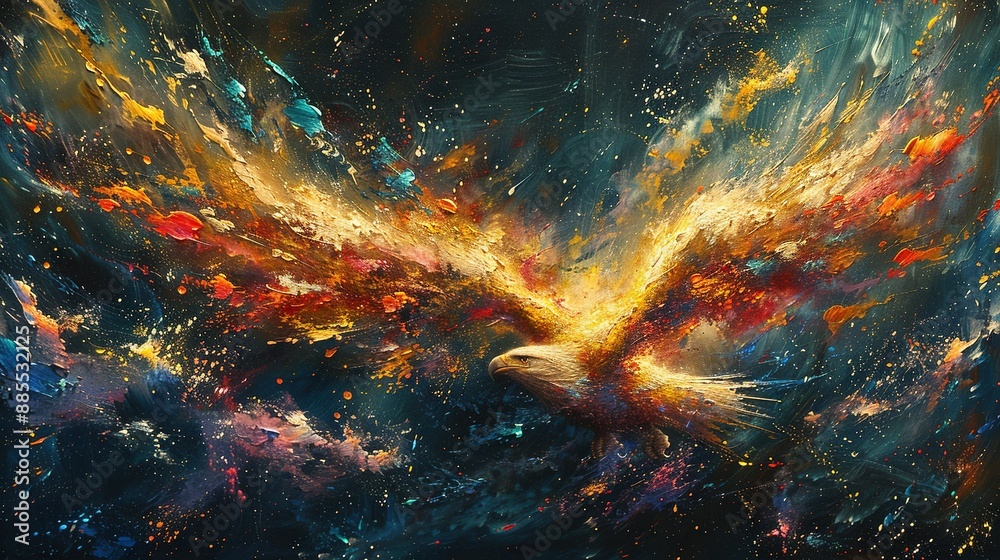 An eagle soaring through the sky with vibrant splatters of paint on its feathers An eagle soaring through the sky with vibrant splatters of paint on its feathers