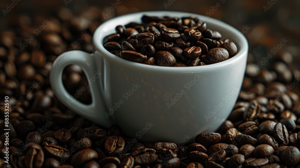 Fototapeta premium Coffee beans are filled with vitality Cup with coffee beans in macro view
