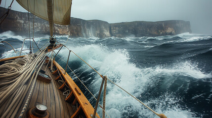 Tableau sur toile  a sailing boat amidst turbulent waters. The boat's deck is visible, showcasing ropes, a metallic structure, and wooden elements. The waves crash around the boat  © @ArtUmbre