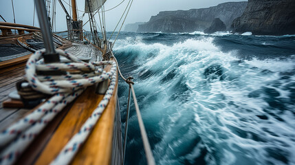 Tableau sur toile  a sailing boat amidst turbulent waters. The boat's deck is visible, showcasing ropes, a metallic structure, and wooden elements. The waves crash around the boat  © @ArtUmbre