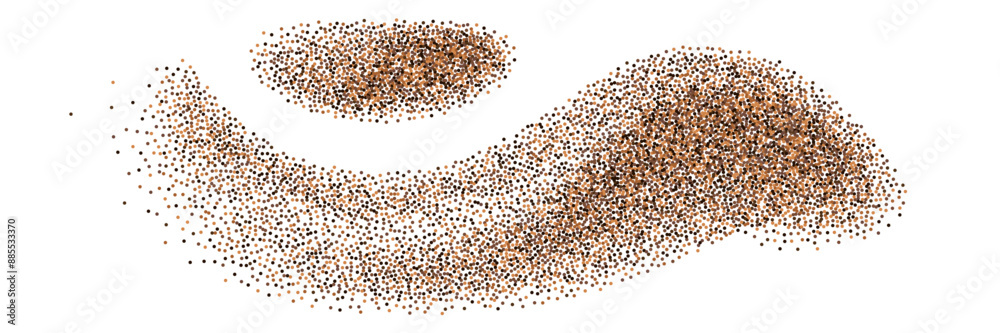 Cinnamon, coffee, cocoa powder splash, spices particle ground, wavy swirl shape splatter trail, dot texture. Isolated on white background, vector illustration Cinnamon, coffee, cocoa powder splash, spices particle ground, wavy swirl shape splatter trail, dot texture. Isolated on white background, vector illustration
