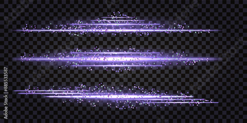 Neon light streak, light glowing and sparkles, thunder bolt flash. Purple luminous lines with sparkle trail. Design for caption border or divider. Isolated transparent vector