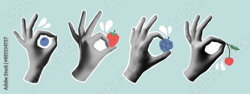 Summer collage hands set with berries. Trendy vector pieces. Gesture signs. Modern forms for card, print on cloth.