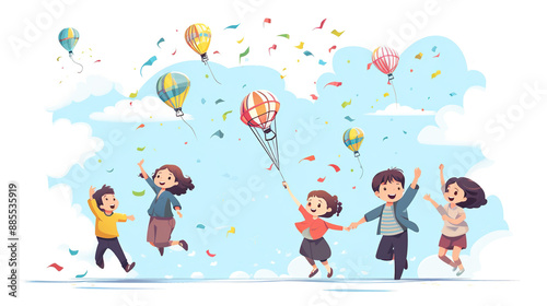 Children interacting while playing in the sky, isolated on a sky background