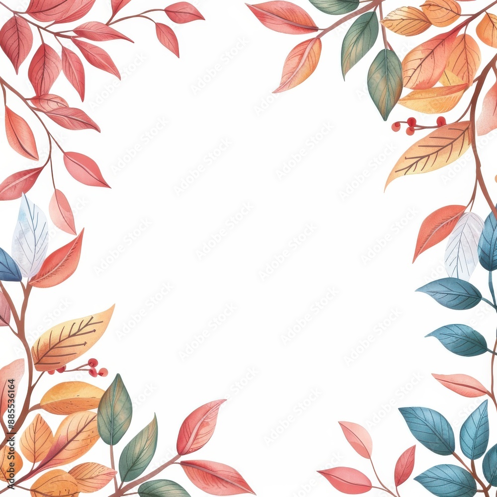 Autumn frame, featuring intertwined branches and colorful leaves, natural beauty, watercolor style Autumn frame, featuring intertwined branches and colorful leaves, natural beauty, watercolor style