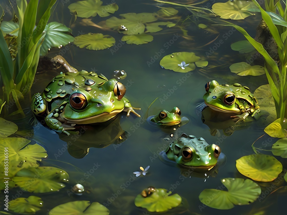 Fototapeta premium Illustrate a 3D realistic scene of frog eggs and tadpoles in a pond, detailed with natural textures.