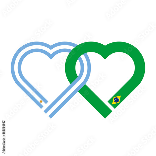 heart shaped ribbon of argentina and brazil flags intertwined. vector illustration isolated on white background