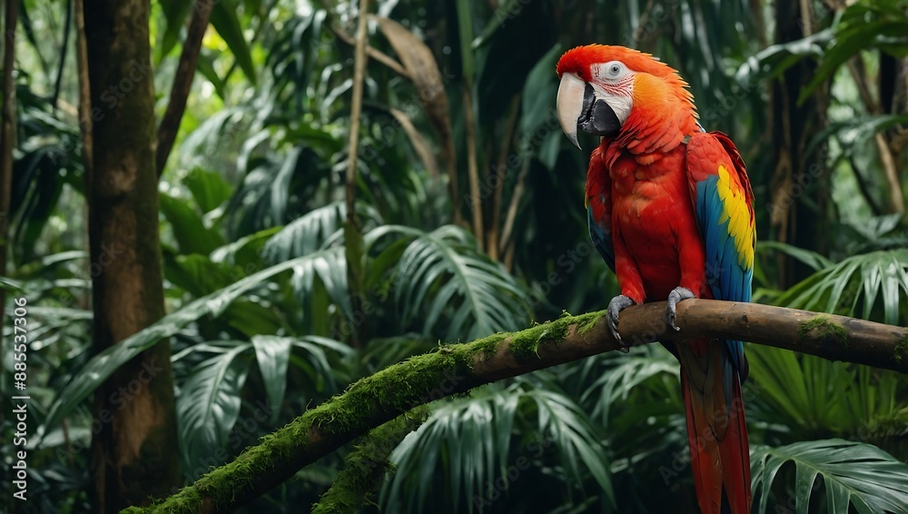 Scarlet Macaw Ara macao vibrant red parrot perched in lush jungle foliag Scarlet Macaw Ara macao vibrant red parrot perched in lush jungle foliag