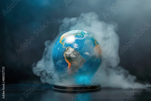 Globe surrounded by fog on dark background, atmospheric effect photo