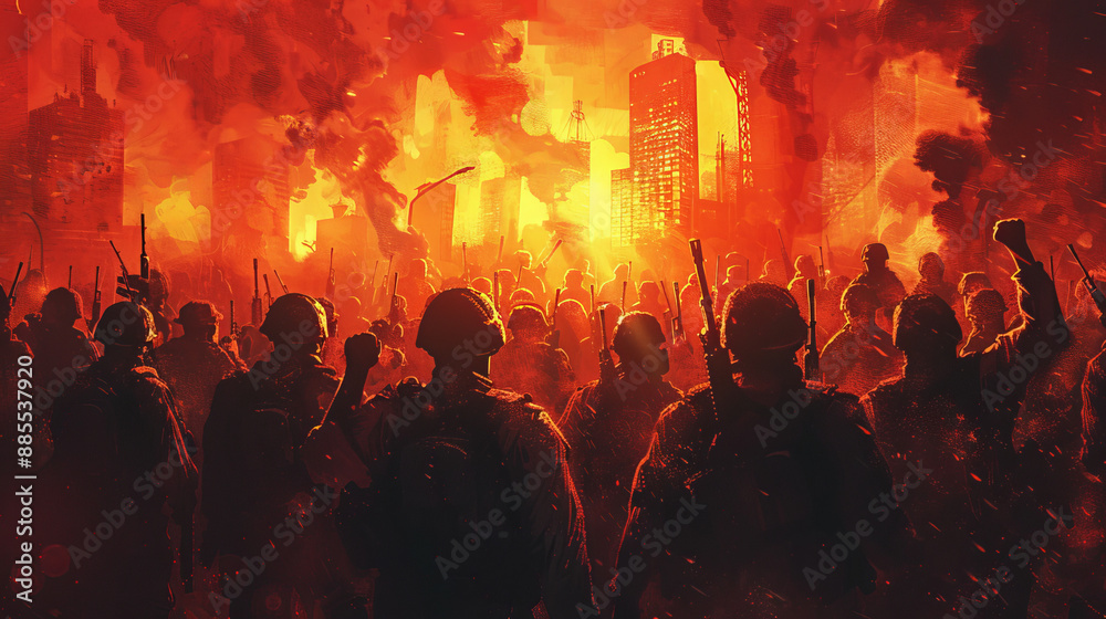 Obraz premium illustration of a crowd facing a line of armed figures, fists raised in defiance, symbolizing their fight for freedom. 