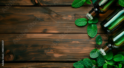 Bottles of mint essential oil and fresh leaves on wooden table, space for text