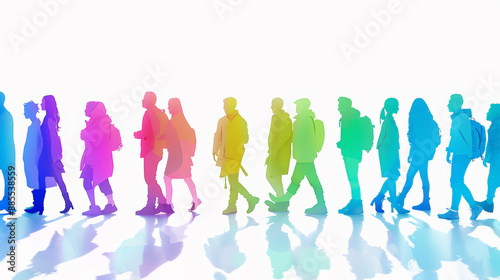 This vibrant image showcases colorful silhouettes of individuals from various origins set against a pristine white background. Generative AI