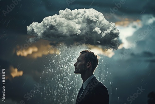 Businessman, standing under rain, pessimistic man under cloud, sad business man, unlucky, misfortune photo