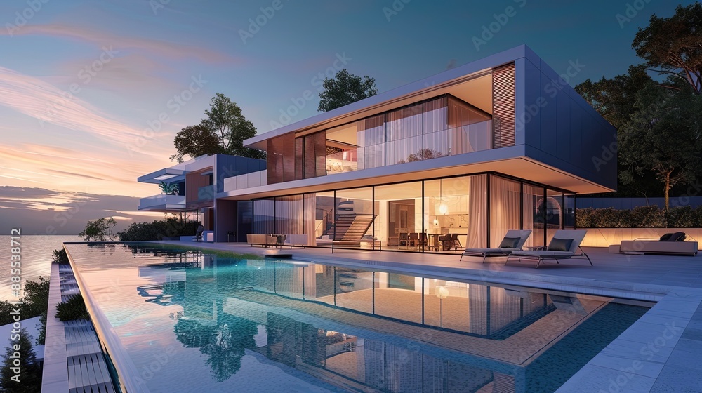 Fototapeta premium Modern luxury villa overlooking the sea at sunset with infinity pool