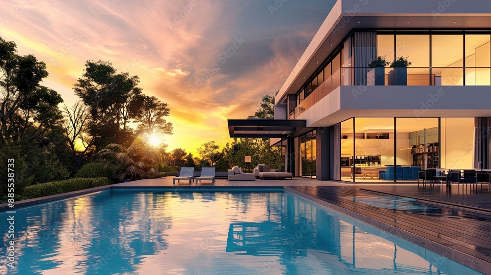 Obraz premium Modern house with swimming pool enjoying a beautiful sunset