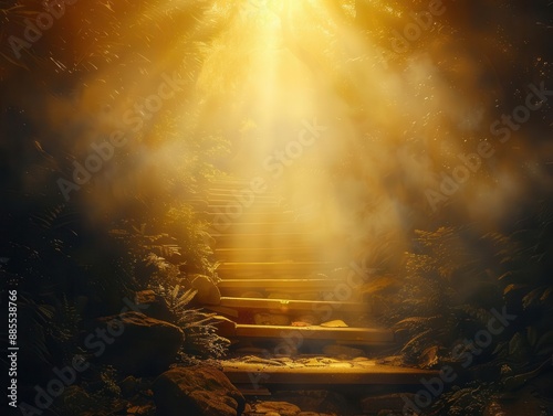 ethereal pathway leading towards a radiant light source symbolizing spiritual enlightenment misty atmosphere and soft golden illumination create a sense of transcendence and hope