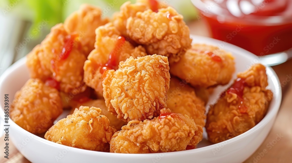 Crispy fried chicken nuggets served with ketchup Crispy fried chicken nuggets served with ketchup