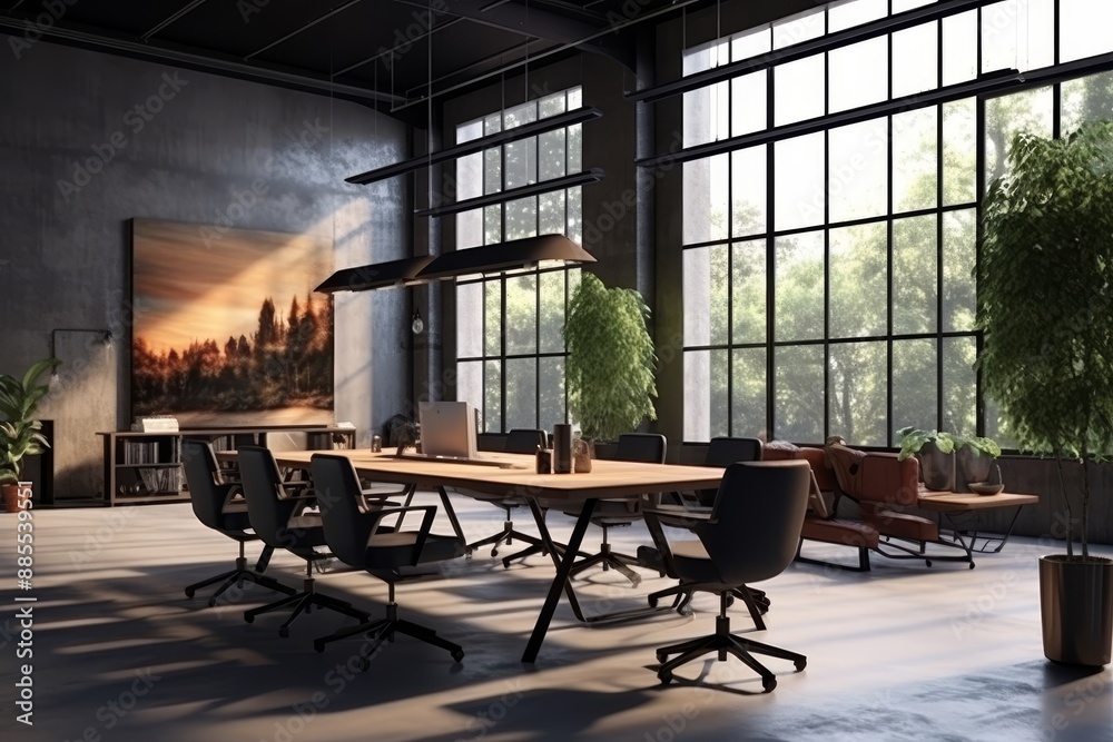 Modern industrial meeting rooms with minimalist design and abundant natural light.