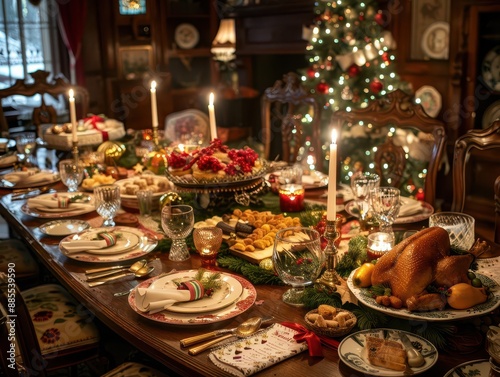 festive holiday dinner table laden with traditional christmas fare ornate decorations and warm candlelight creating a cozy and inviting atmosphere