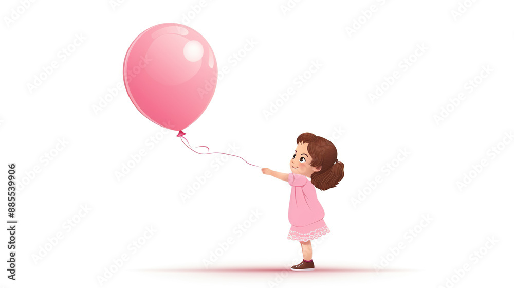 A young child carrying a pink balloon against a background of pristine white A young child carrying a pink balloon against a background of pristine white