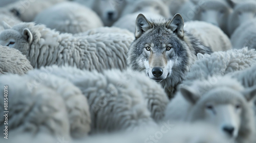 Wolf pretending to be sheep, blending in with sheep clothing. Disguise and deception as wolf hides among the herd.Sheep clothing hides the wolf, pretending to be harmless.