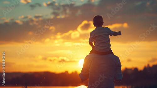 Father's Day, father and son, outdoor bonding, fatherhood, sunset view, child on shoulders, father and child, family moment, fatherly love, parental bond, outdoor activity, enjoying nature, father-son