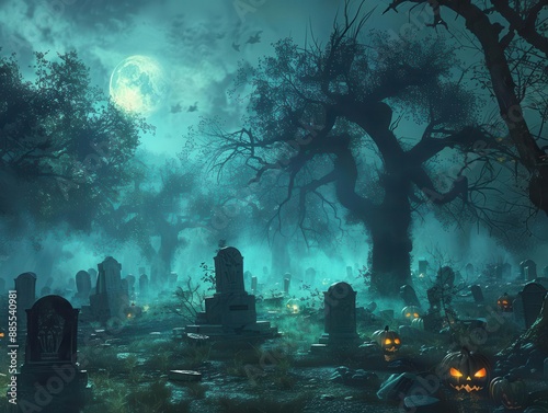haunting halloween graveyard mistshrouded tombstones illuminated by eerie moonlight gnarled trees casting twisted shadows jackolanterns glowing ominously photo