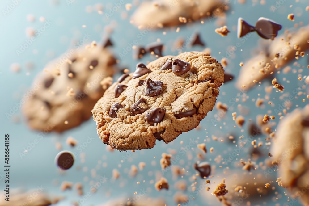 Cookies flying with chocolate chips and crumbs Cookies flying with chocolate chips and crumbs