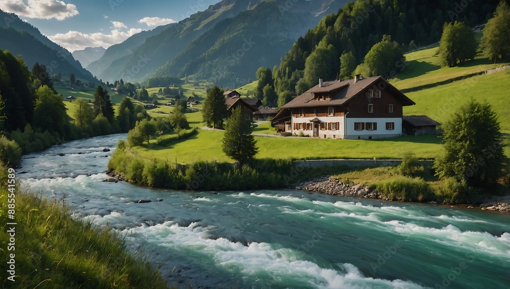 Scenic Swiss countryside featuring a flowing river and charming house Scenic Swiss countryside featuring a flowing river and charming house