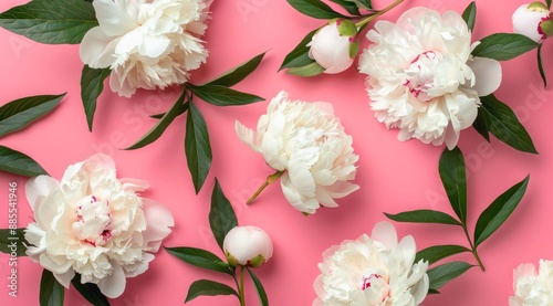Fototapeta Naklejka Na Ścianę i Meble -  Pattern composition with white peonies on light pink background, top view, minimal flat lay style.