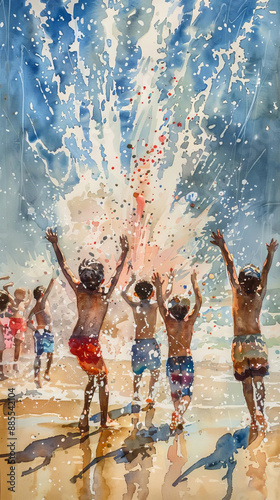 Oil painting of happy children playing in the ocean waves.