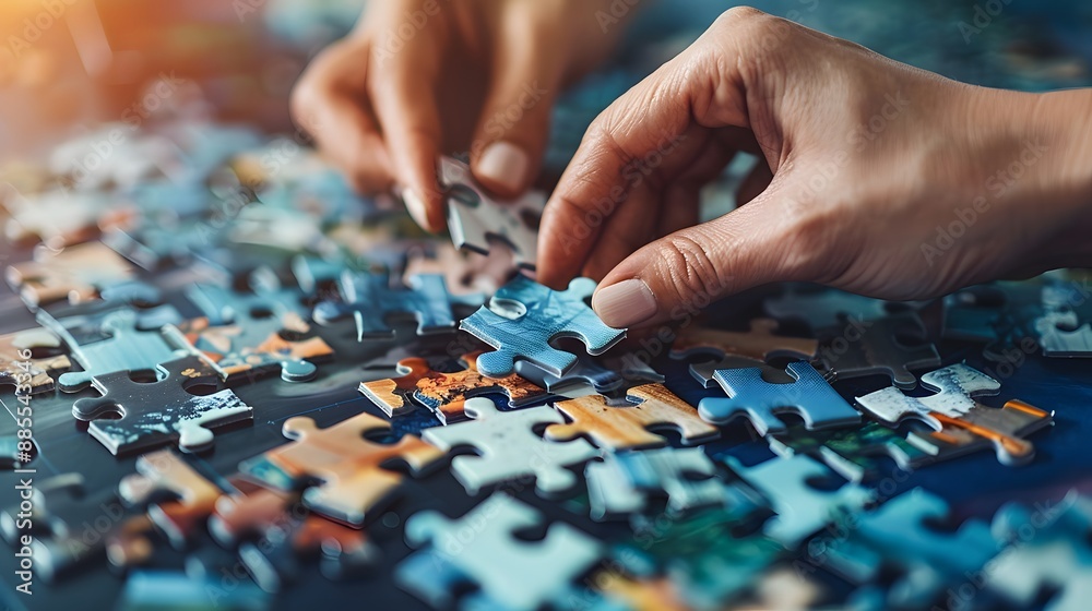 Assembling a Puzzle: Hands placing a piece into a jigsaw puzzle, with scattered puzzle pieces and a partially completed picture.
Assembling a Puzzle: Hands placing a piece into a jigsaw puzzle, with scattered puzzle pieces and a partially completed picture.