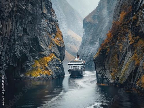 majestic cruise ship navigating through narrow towering fjords dramatic rock formations frame the vessel showcasing the aweinspiring beauty of norways natural wonders