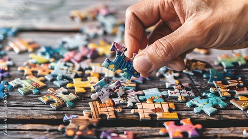 Assembling a Puzzle: Hands placing a piece into a jigsaw puzzle, with scattered puzzle pieces and a partially completed picture.
