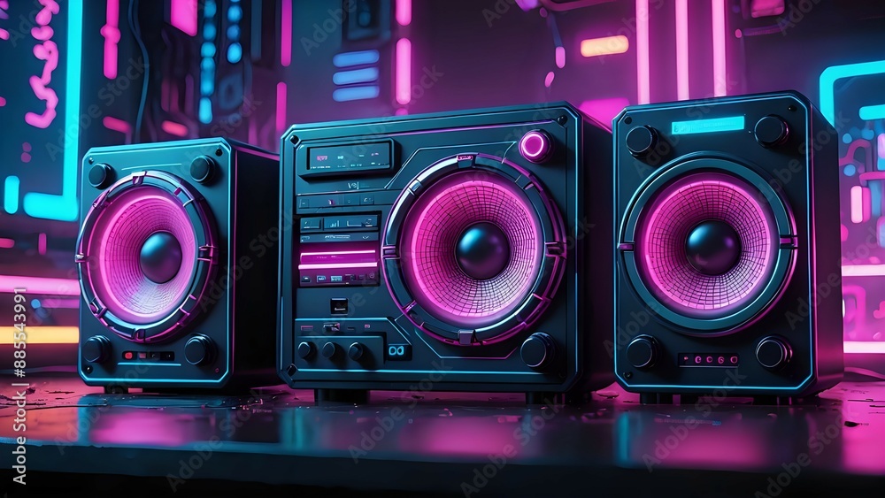 Retro boombox with glowing pink and blue neon lights. Retro boombox with glowing pink and blue neon lights.