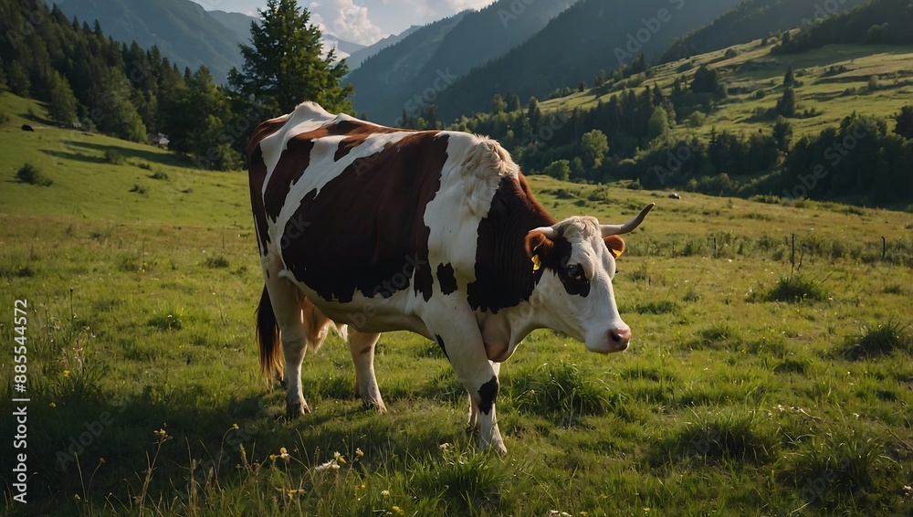 Scenic view of a cow peacefully grazing in a meadow Scenic view of a cow peacefully grazing in a meadow