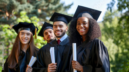 graduation day, happy students, multiethnic group, college graduation, university graduates, high school graduation, celebrating success, graduate hats, clear blue sky, copy space background, joyful c