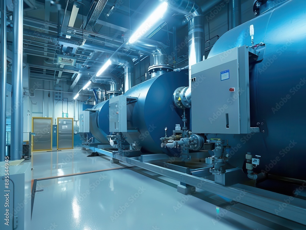 modern industrial boiler room with sleek gas boilers clean lines and efficient design dominate cool blue lighting emphasizes hightech environment modern industrial boiler room with sleek gas boilers clean lines and efficient design dominate cool blue lighting emphasizes hightech environment