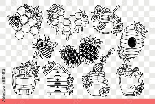 Bee making honey near honeycombs and nest or jars with barrels filled with syrup. Honey from fresh harvest, without added sugar, collected by beekeeper in apiary. Hand drawn doodle