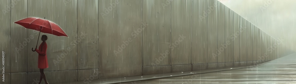 A solitary figure walks with a red umbrella down a long, grey street.