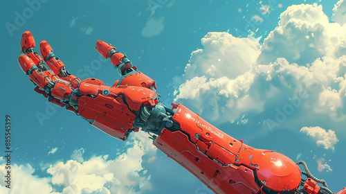 A Futuristic Red Robot Hand Reaching Up Into The Sky a sense of wonder and curiosity possibilities of technology and space exploration