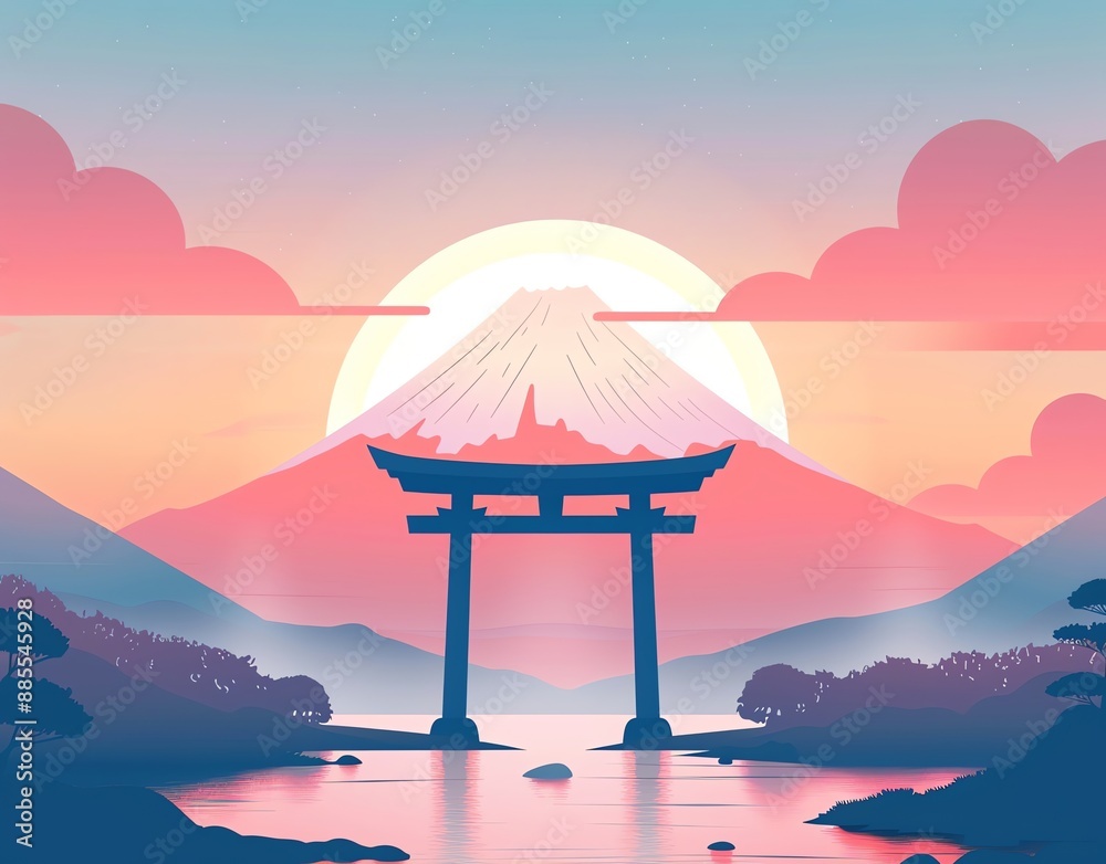 Serene Sunset over Mount Fuji. Tranquil Japanese Landscape with Torii Gate Serene Sunset over Mount Fuji. Tranquil Japanese Landscape with Torii Gate