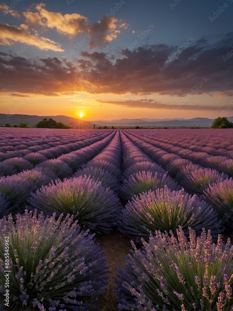 Scenic view of sunset over a lavender landscape Scenic view of sunset over a lavender landscape