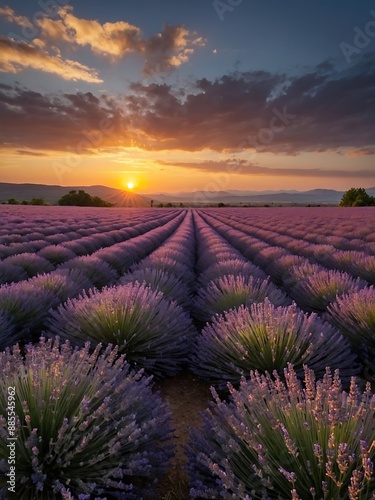 Scenic view of sunset over a lavender landscape photo